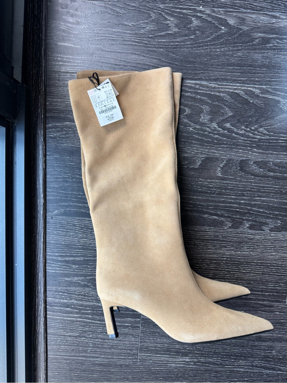 Zara Knee-High Pointed-Toe Suede Boots in Tan NWT